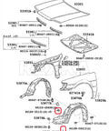 Diagram showing placement of Boss 30 Piece Bumper Cover Bolt Kit For Toyota And Lexus Models 90159-60498.