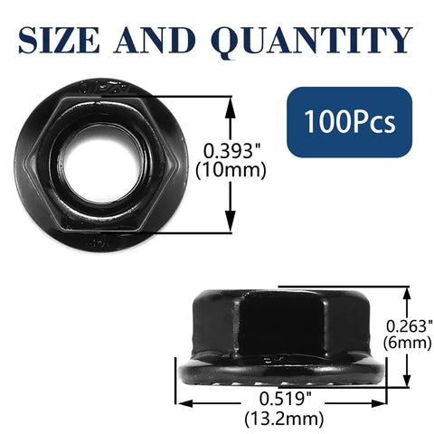 M6 X 1.0Mm Serrated Flange Hex Lock Nuts 100 Piece Pack 304 Stainless Steel full threaded with size dimensions for fastening.