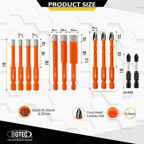 Badass 12 Piece Diamond Drill Bit Set With Masonry And Screwdriver Bits Heavy Duty Carbide Tips for Porcelain Tile, shown in various sizes.