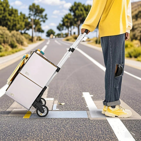 Person using folding telescoping hand truck on road, transporting items.
