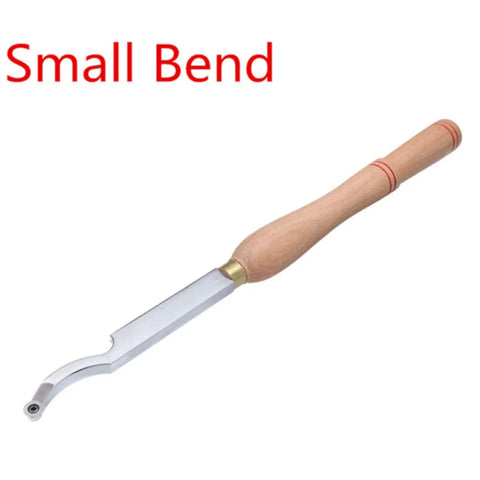 Four Piece Carbide Tipped Wood Turning Lathe Chisel Set With Straight Cutting And Curved Hollowing Blades Featuring Tough Alloy Shafts And Beech Handles For Straight Fire Workshop Builds That Kick Serious Craftsman Vibes showing small bend chisel with beech handle.