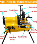 Heavy Duty Electric Pipe Threader Machine 1/2 To 4 Inch Power Threading Cutter with detailed parts labeled for plumbing use.