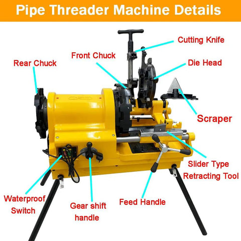 Heavy Duty Electric Pipe Threader Machine 1/2 To 4 Inch Power Threading Cutter with detailed parts labeled for plumbing use.