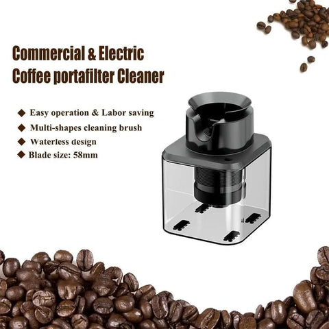 Electric Coffee Portafilter Cleaner With Auto Knock Box And Three Interchangeable Brushes To Fast Toss Spent Espresso Grounds In Five Seconds For No Sweat Home Barista Workflow, 58mm size, waterless design and multi-shape brush.
