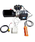 Heavy Duty Single And Bidirectional Hydraulic Power Unit With Electric Lifting Pump featuring dual flow valves and control remote.