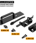 Package contents of Self Closing Thumb Gate Latch For Wooden Metal And Vinyl Fences with screws and installation guide.