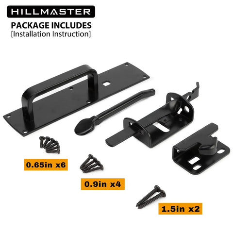 Package contents of Self Closing Thumb Gate Latch For Wooden Metal And Vinyl Fences with screws and installation guide.