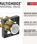 MultiChoice Universal Tub And Shower Valve Body for flexible wall upgrades shown with mounting bracket and test cap.
