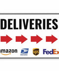 Solid As A Rock Aluminum Deliveries Sign With Right Arrow, 12 By 8 Inches, features directional arrows and delivery logos.