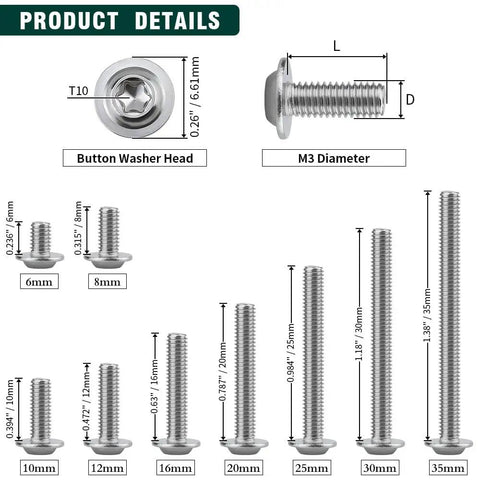 Badass M3 Flanged Button Head Machine Screws 25 Millimeter 304 Stainless Steel set with sizes and dimensions illustrated.
