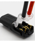 Close-up of black 10 Pack 2 Way Spring Wire Connectors No Solder No Screws Quick Cable Clamp Terminal Blocks with wires connected.