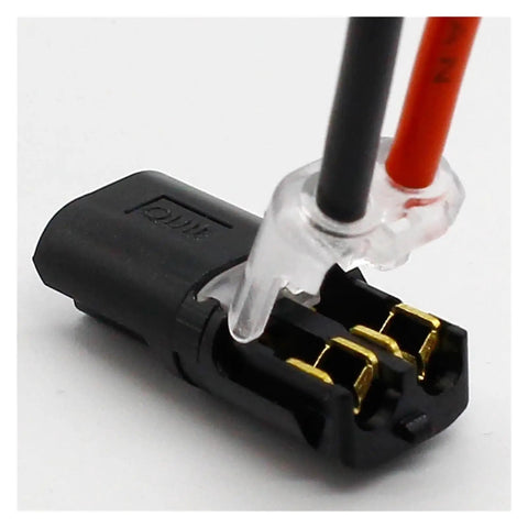 Close-up of black 10 Pack 2 Way Spring Wire Connectors No Solder No Screws Quick Cable Clamp Terminal Blocks with wires connected.
