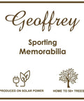 Geoffrey Sporting Memorabilia sign with eco-friendly icons and message about solar power and trees.