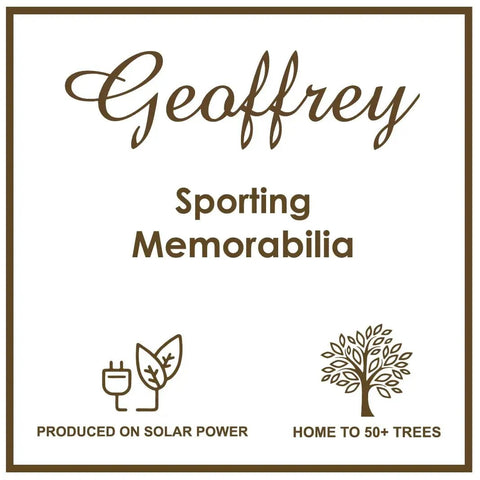 Geoffrey Sporting Memorabilia sign with eco-friendly icons and message about solar power and trees.