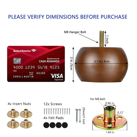 Dimensions and hardware of Two Inch Walnut Bun Furniture Feet For Sofa Couch And Ottoman Solid Wood Round Leg Set Of Four Predrilled M8 Bolts.