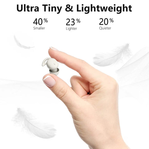 Hand holding super small and light wireless sleep earbud with ultra soft silicone, perfect for side sleepers and meditation.