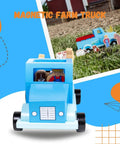Down on the Farm Magnetic Truck Playset With 7 Barnyard Figures in a blue wooden pickup on grass, for screen-free imaginative play.