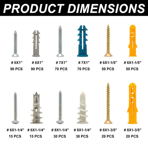 Product dimensions of 550 Piece Drywall Anchors And Screws Kit With Self Drilling Plastic And Zinc Anchors Flat Head Screws