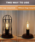 Dope Vintage Rustic Desk Lamp 2 Pack With 3 Way Dimmer Touch Control Edison Lamps With AC Outlet, shown with and without cage lampshade