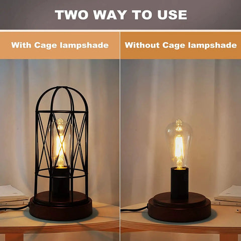 Dope Vintage Rustic Desk Lamp 2 Pack With 3 Way Dimmer Touch Control Edison Lamps With AC Outlet, shown with and without cage lampshade
