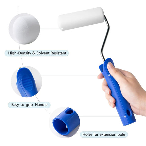 4 Inch Foam Paint Roller Kit Set With 8 Mini Roller Covers Frame Tray And Liner For Smooth Walls Trim Furniture And Diy Projects Great For Touch Ups And Small Jobs, showing a blue easy-to-grip handle and high-density foam roller.