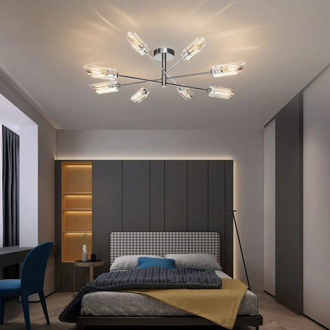 Semi Flush Mount Sputnik Chandelier With Glass Shades in bedroom, Mid Century Industrial Farmhouse Chrome Modern Ceiling Light Fixture