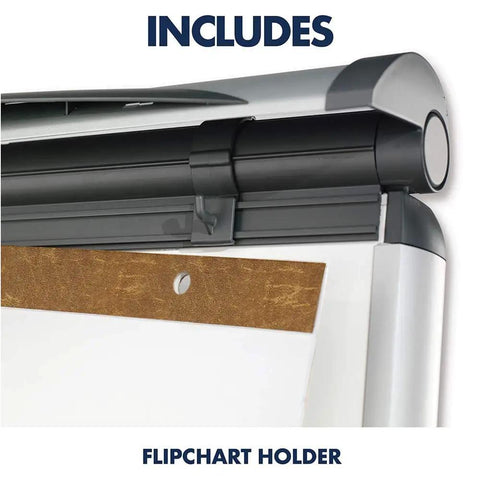 Close-up of All In One Magnetic Dry Erase Presentation Easel With Tripod Stand showing flipchart pad retainer and pad clamp.