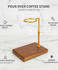 Sleek Pour Over Coffee Stand With Aluminum Dripper Holder And Solid Wood Base For Manual Brewing Stations, adjustable design.