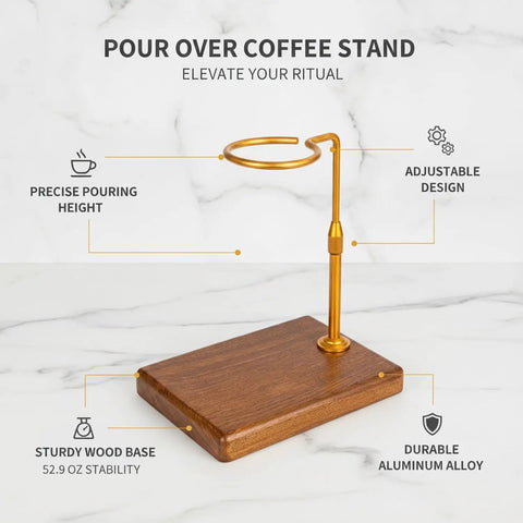Sleek Pour Over Coffee Stand With Aluminum Dripper Holder And Solid Wood Base For Manual Brewing Stations, adjustable design.