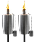 Stainless Steel Outdoor Torches Set Of 2 5 Ft Citronella Oil Lamps With Fiberglass Wick And Snuffer Cap shown lit
