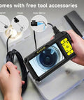 1080P HD Endoscope With Light 4.3 Inch IPS Display showing lens view, held by hands, with detachable cable on the side.