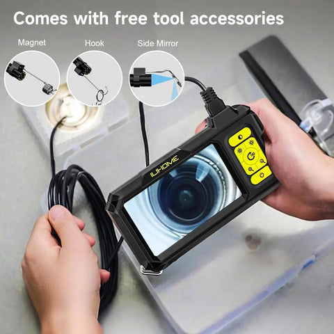 1080P HD Endoscope With Light 4.3 Inch IPS Display showing lens view, held by hands, with detachable cable on the side.