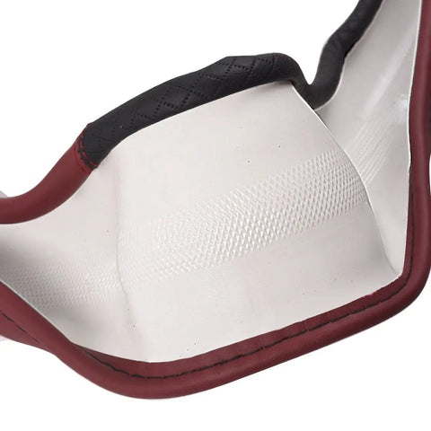 Close-up of Rhombus Microfiber Leather Steering Wheel Cover Universal Fit For Car Suv Truck Van with black and burgundy padded sides.