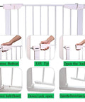 Walk Through Baby Gate With Auto Close Tension White Metal Pet Safety Gate For Stairs Doorways And Kitchen Pressure Mounted With Optional Hardware Mount Easy Install Extends 68.11 To 70.87 Inches, showing locking mechanism and installation steps.