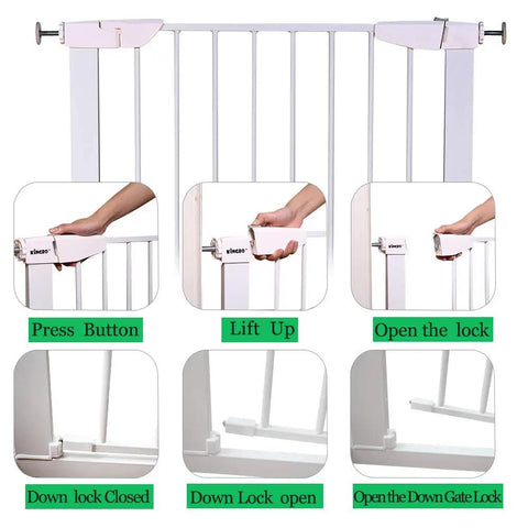 Walk Through Baby Gate With Auto Close Tension White Metal Pet Safety Gate For Stairs Doorways And Kitchen Pressure Mounted With Optional Hardware Mount Easy Install Extends 68.11 To 70.87 Inches, showing locking mechanism and installation steps.
