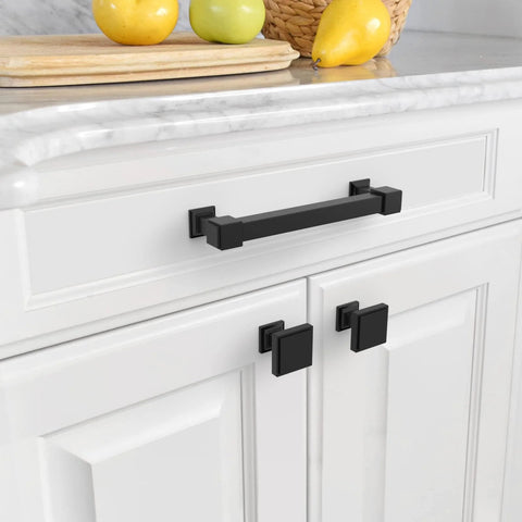 10 Pack 5-Inch Matte Black Cabinet Pulls for Cabinets and Cupboards installed on white kitchen drawer