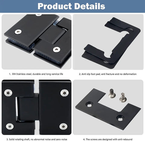 Ultra Heavy Duty Shower Glass Door Hinges Matte Black Two Way Pivot Hardware Built Different For Frameless Bathroom Doors 8 To 12 Millimeter Thick showing detailed hinge parts and screws.
