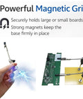 Must-Have Helping Hands Soldering Tool With Steel Base and Adjustable Joint Clamp holding PCB with magnetic grip.