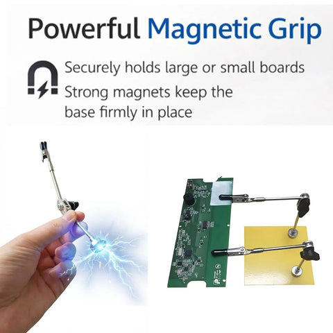 Must-Have Helping Hands Soldering Tool With Steel Base and Adjustable Joint Clamp holding PCB with magnetic grip.
