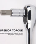 Close-up of Torx Bit Socket Set 60-Piece With External Torx Sockets And S2 Steel Bits CR-V Construction detail showing superior torque feature