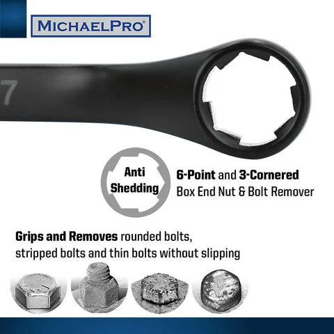 Close-up of a 6-point bolt extractor from the 18 Piece Bolt Extractor Wrench And Socket Set For Tackling Tough Bolts With 45 Degree Offset Wrenches Metric 6-19mm 6 Point Box End For Rounded Stripped And Thin Bolts CR-V Steel Extractor Sockets 10-19mm Extension Bar Included, highlighting anti-shedding design and versatility for rounded bolts.