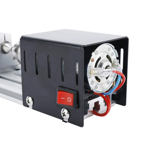 Close-up of Mini CNC Lathe Tool Set power motor, showing adjustable speed switch and aluminum alloy casing, 100W high power.