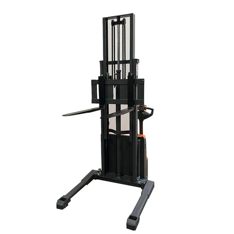 Heavy Duty Electric Pallet Stacker With Straddle Legs Boasting A Massive 2640 Lb Capacity And An Impressive 118 Inch Lift Height, front view.