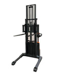 Heavy Duty 2640 Lb Electric Pallet Stacker With 118 Inch Max Lifting Height, showcasing adjustable forks and ergonomic handle.