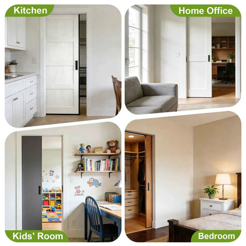 Pocket Door Track Kit With Soft Close And Soft Open For 5 Ft, 5.3 Ft And 8 Ft Doors in different room settings