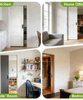 Five Point Three Foot Pocket Door Track Kit With Soft Close And Soft Open Aluminum Commercial Grade Sliding Hardware installed in home settings including kitchen, home office, kids' room, and bedroom.