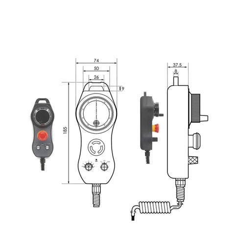 High Precision 100 Pulse 5V Pendant Handwheel With Emergency Stop, front and side view with dimensions for CNC routers