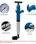 Real Deal Heavy Duty High Pressure Toilet Plunger And Drain Blaster With Visual Barometer Gauge, showing gauge, grip, and launch button.