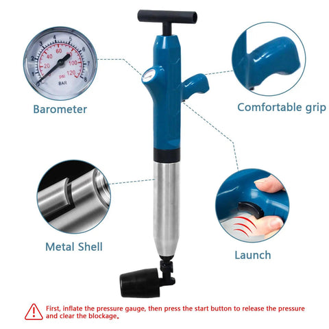 Real Deal Heavy Duty High Pressure Toilet Plunger And Drain Blaster With Visual Barometer Gauge, showing gauge, grip, and launch button.