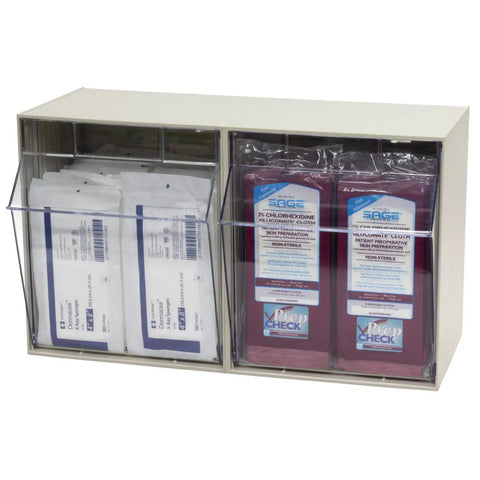 Tilt View Plastic Storage Cabinet With Two Tilt Out Bins For Home Office And Workshop Clear Parts Organizer Office And Makeup Box Medical And School Classroom Storage Wall Mountable 23 5/8 W x 14 H x 12 5/16 D showing clear bins with supplies